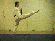 Jump half turning kick